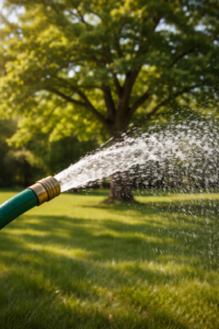 Watering trees with a garden hose.