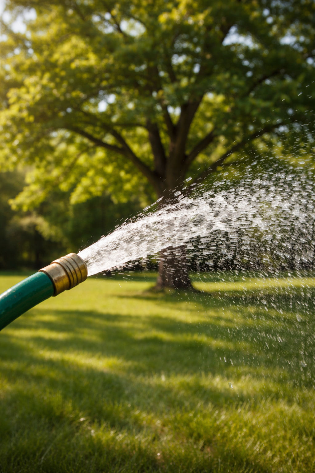 Watering trees with a garden hose.