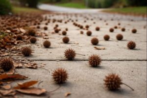 Sweet gum balls on a sidewalk. Fruit elimination