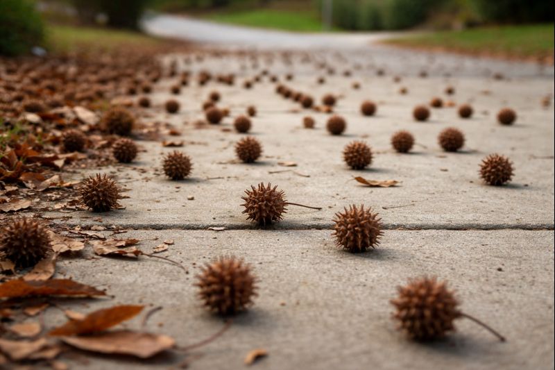 Sweet gum balls on a sidewalk. Fruit elimination